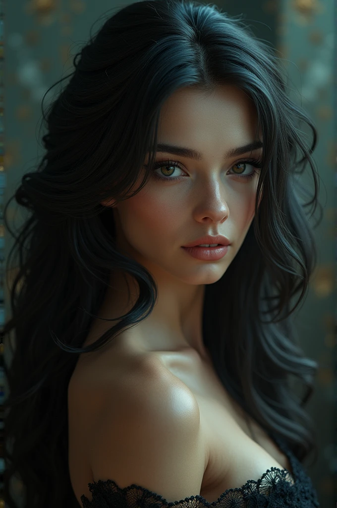 A close-up portrait of Megan Fox, showcasing her enigmatic beauty. Soft lighting accentuates her delicate features, while her piercing gaze draws viewers in. Her flowing hair frames her face, adding an ethereal touch. The background features a subtle glitch effect, adding a modern twist to the classic portrait style.