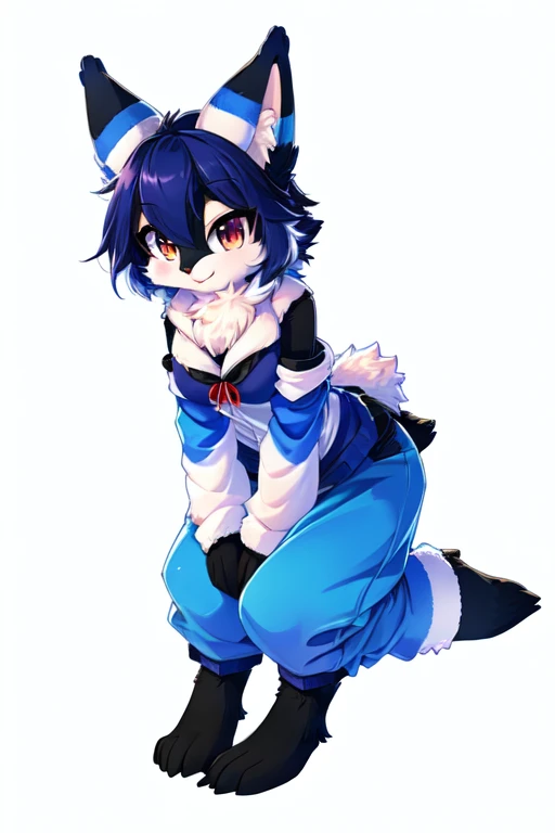 boy, cat, furry, bodyfur, tail, collar, bra, bottomless, gloves, boots, chibi, sparkling eyes, penis, testicles, hand on hip, pose