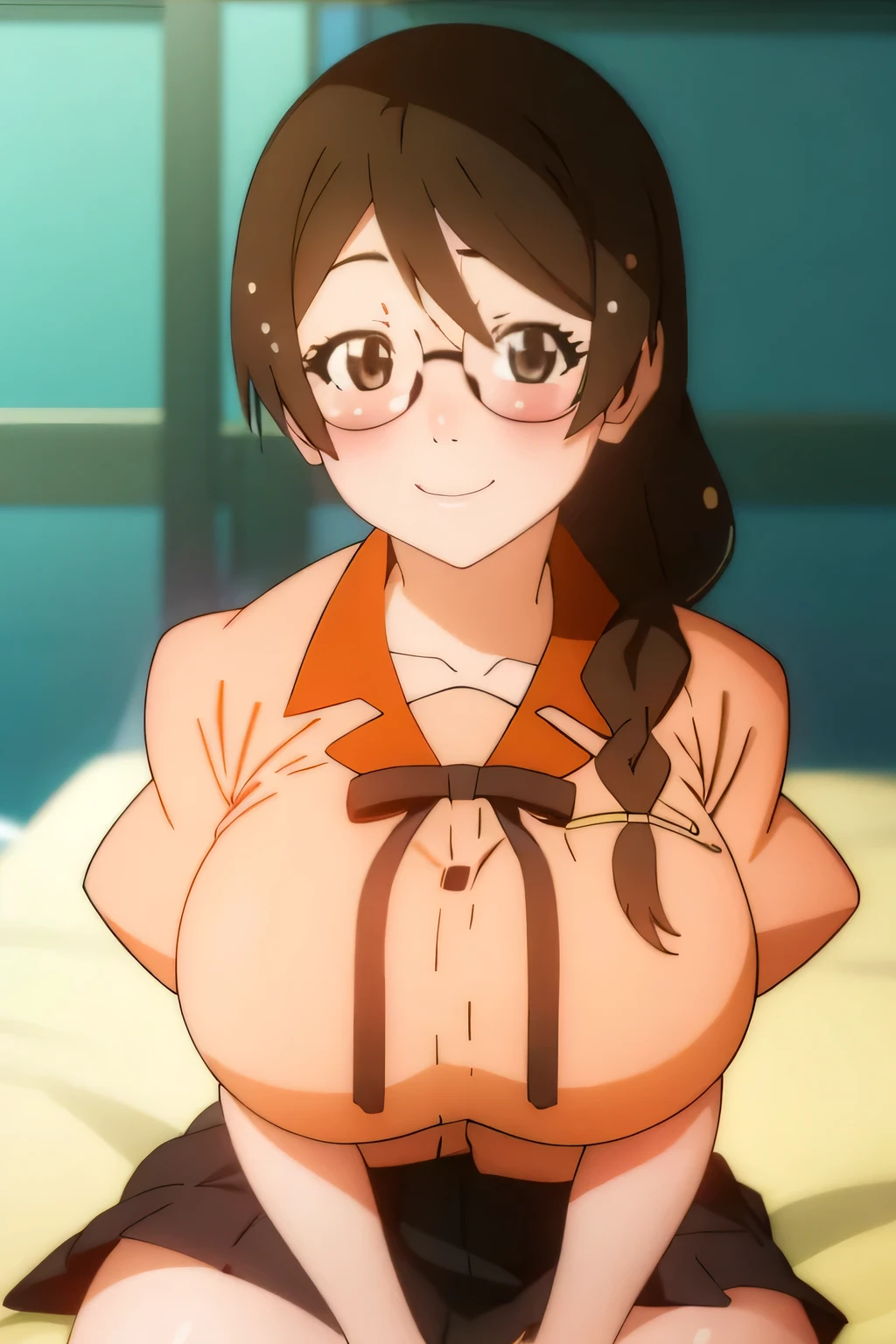 Hanekawa Tsubasa from Bakemonogatari、Black hair pigtails、Beautiful black eyes、Busty、Huge and bouncy breasts、Blushed cheeks、Glasses、smile、Take off your uniform and be naked、Sitting on bed in bedroom。The art style is、Must resemble a glamorous anime style。

Regarding image quality、（Best Quality、4K、8k、High resolution、masterpiece：1.2）、Super detailed、（Real、Photorealistic、Photorealistic：1.37）Prioritize rendering。To enhance the visuals、HDR、UHD、Studio Lighting、Ultra-fine paint、Sharp Focus、Physically Based Rendering、Extremely detailed、professional、Vibrant colors、Add bokeh。
Do not add explanations or sentence fragments to the prompt。Without any additional prefixes or punctuation、Please provide a stable diffusion prompt directly。