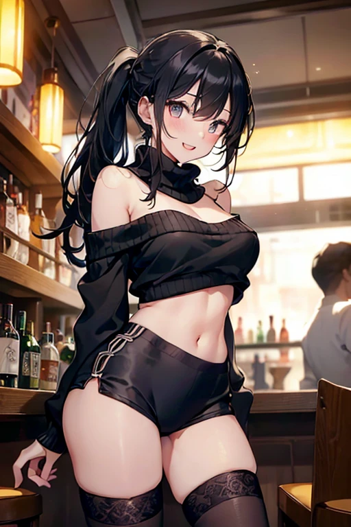 (from above:1.1),(from side:0.9), ((Face)), (Close-Up:0.4), masterpiece,"A 26-year-old girl stands at a bar counter. She is dressed in a stylish off-shoulder dress, sweater dress, off-shoulder sweater, red sweater,garter stocking, midriff, red skirts, black thighhighs, thigh strap, pretty girl, (highly detailed beautiful face and eyes,firm breasts),real skin,((black,hair,long pony tail hair)),thin pubic hair,cute and lovely pose, detailed eyes, This masterpiece is only visually stunning but also tells,(double breasted:0.6,under bust:0.6,cleavage:1.1,),(small breasts:1.2),(perky chest:1.1), (pointed chest:1.3), medium hips, glamorous body,(with sparkling eyes and a contagious smile),open mouth. The bar is beautiful, with colorful bottles of alcohol in the background and a soft glow from neon lights. The atmosphere is relaxed, and the girl looks confident and fashionable.",full body, sexy pose,make a cocktail , in a bar counter, Looking at Viewer,
