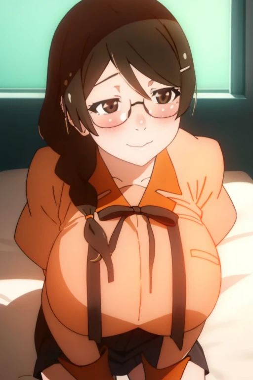 Hanekawa Tsubasa from Bakemonogatari、Black hair pigtails、Beautiful black eyes、Busty、Huge and bouncy breasts、Blushed cheeks、Glasses、smile、Take off your uniform and be naked、Sitting on bed in bedroom。The art style is、Must resemble a glamorous anime style。

Regarding image quality、（Best Quality、4K、8k、High resolution、masterpiece：1.2）、Super detailed、（Real、Photorealistic、Photorealistic：1.37）Prioritize rendering。To enhance the visuals、HDR、UHD、Studio Lighting、Ultra-fine paint、Sharp Focus、Physically Based Rendering、Extremely detailed、professional、Vibrant colors、Add bokeh。
Do not add explanations or sentence fragments to the prompt。Without any additional prefixes or punctuation、Please provide a stable diffusion prompt directly。