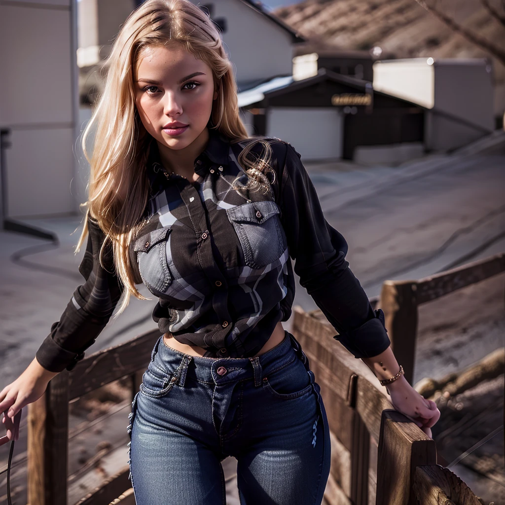 masterpiece, best quality, (photorealistic:1.4), full body, (black unbuttoned plaid shirt:1.1),(Grey jeans:1.1) landscape with Gradation, cinematic light, beautiful woman, ((from front)), skinny, large breasts, blonde hair, dutch braid, detailed face, 