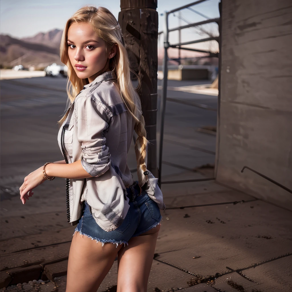 masterpiece, best quality, (photorealistic:1.4), full body, (black unbuttoned plaid shirt:1.1),(Grey jeans:1.1) landscape with Gradation, cinematic light, beautiful woman, ((from front)), skinny, large breasts, blonde hair, dutch braid, detailed face, 