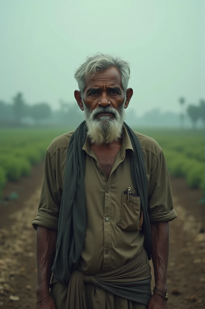 "Create an image of a small, traditional Indian farmer named Kishan standing in his dry, barren field. Kishan is wearing a simple dhoti and kurta, looking worried and determined. The sky is clear but shows no sign of rain, and the cracked soil reflects the harshness of the drought. The overall atmosphere is one of struggle and resilience."