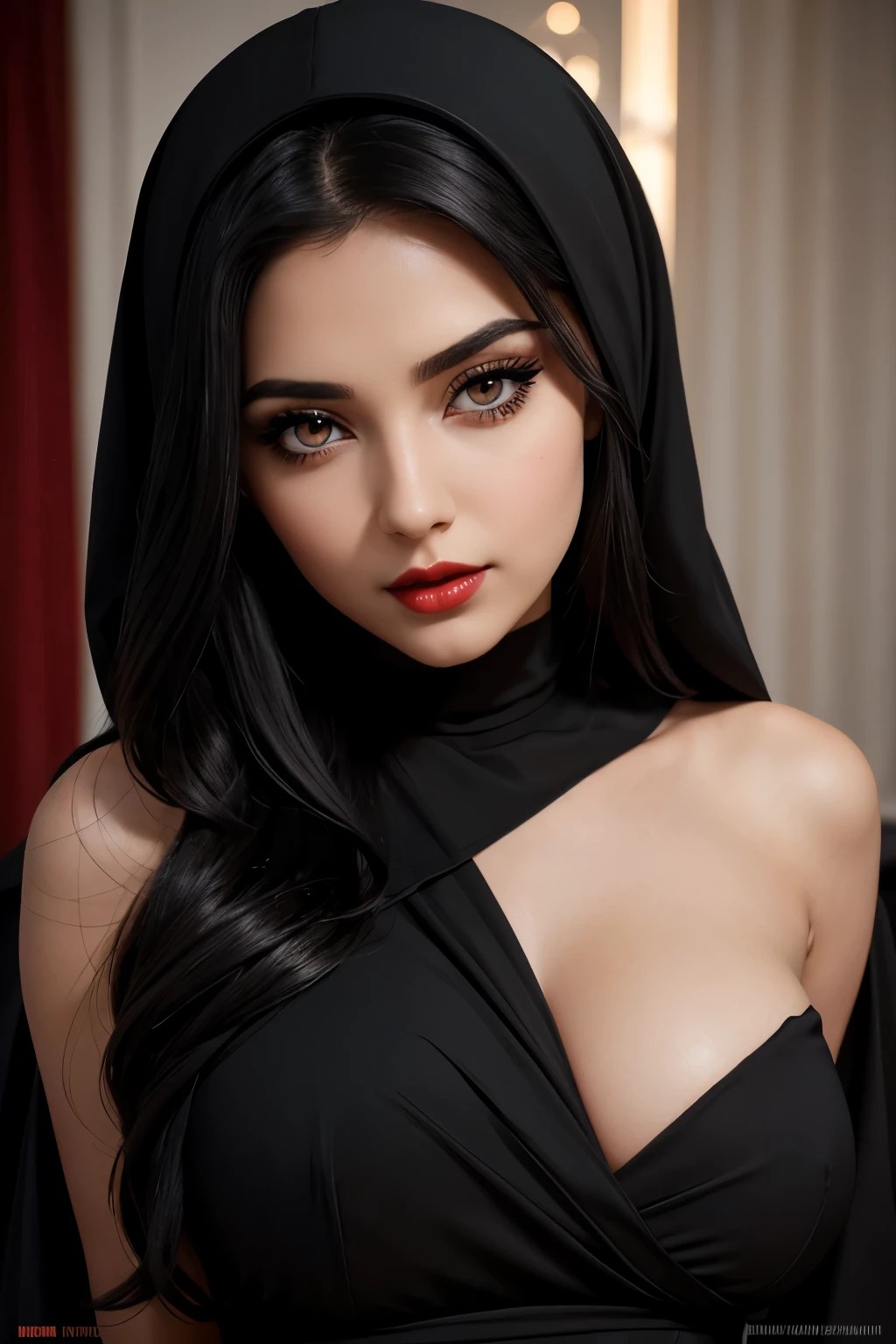 Beautiful girl full-length in a black chador with long black hair, hair sticking out from under the headscarf. Full-length shot, big and beautiful black Arabic eyes, perfect body, elegant red dress, very high quality and very realistic, dark red lips, full-length shot, looking at the viewer, flirting with beautiful eyes, long eyelashes, shadows Black eyes, Black eyeliner, cinematic, detailed female face, detailed beautiful tight dress, looking at the camera, black eyes, perfect red lips, photorealistic, pointed eyes.