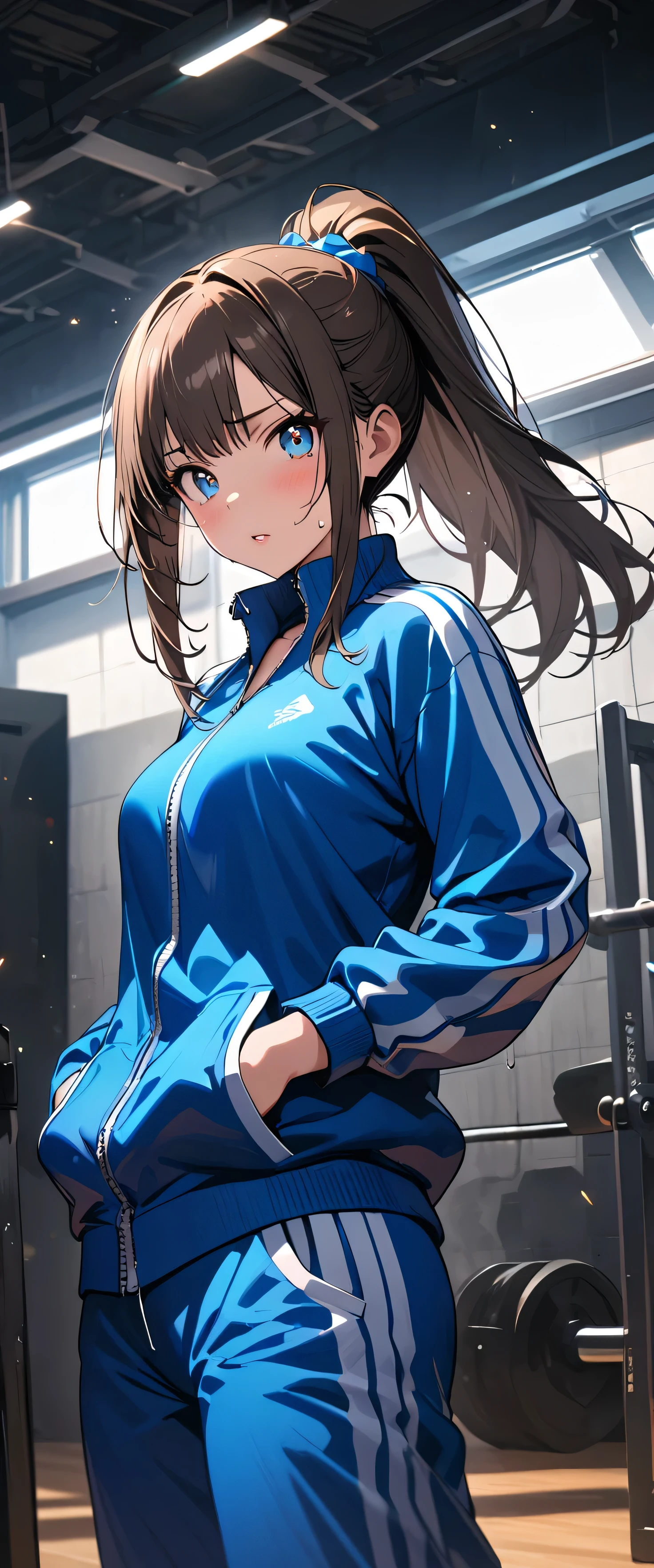 (((graphite))),(beautiful girl: 1.3),1girl,masterpiece, Highest quality, Ultra-high resolution,rich contrast,super high quality,8k,Highly detailed CG unit wallpaper,texture,Incredibly absurd,Ultra-high resolution,RAW Photos,Depth of Field 1.2,(Brown Hair,ponytail),Ultra-detailed eyes,Glowing Skin,Glitter effect,Beautiful glossy lips,(Blue sweatpants:1.3), (The jacket is a blue track jacket: 1.2),Doing crunches,Training Room,(((sweat)))