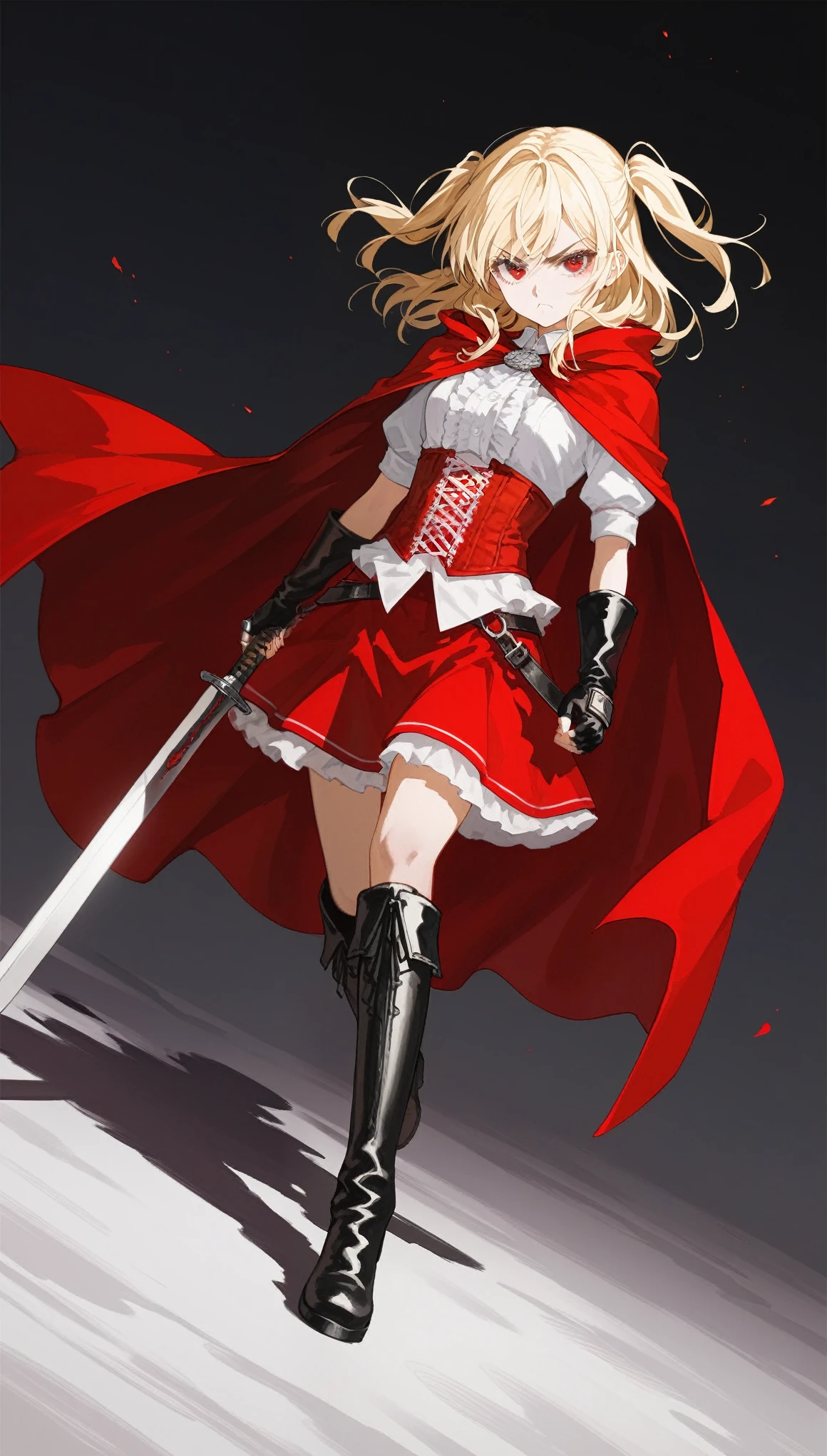 1girl, solo, full body, serious, white shirts, red long cape cloak, red corset, frills red skirt, black fingerless gloves, knee boots, blonde, two side up, red eye,
Sword carried diagonally, Anime Girls, dutch angle, acrobatic pose, Gloomy painting style,
Score_9,Score_8,score_7_up,source_anime, rating_questionable,