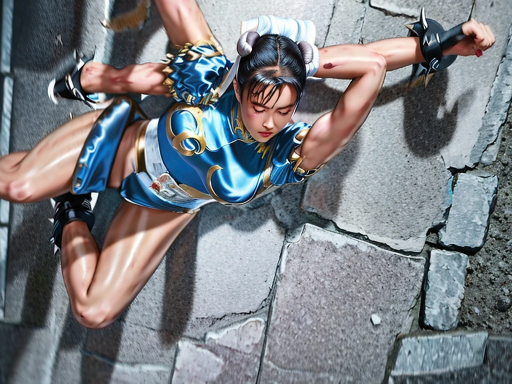 Chun Li, Silver Costume, Lost in battle against a formidable enemy, Lying face up, Loss of consciousness, The facial details are accurately depicted, The details of the clothes are accurately depicted, torn clothes, Accurately detailed body, High image quality, Please only show the upper body