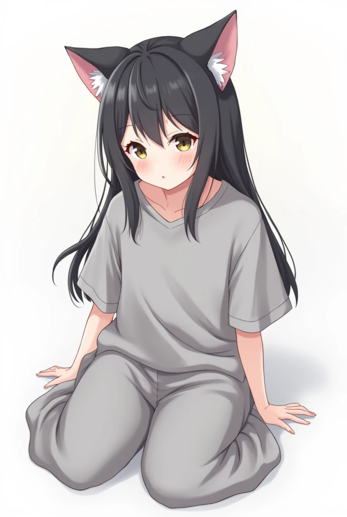 art by dagasi, (((best quality))), solo, sitting, (upper body close-up), (furry), young girl, cat ears, long hair, ((white fur)), ((body fur)), (smooth fur), (striped shirt), (sport skirt), flat chest, fluffy tail, blush, (:3), (on bed),
