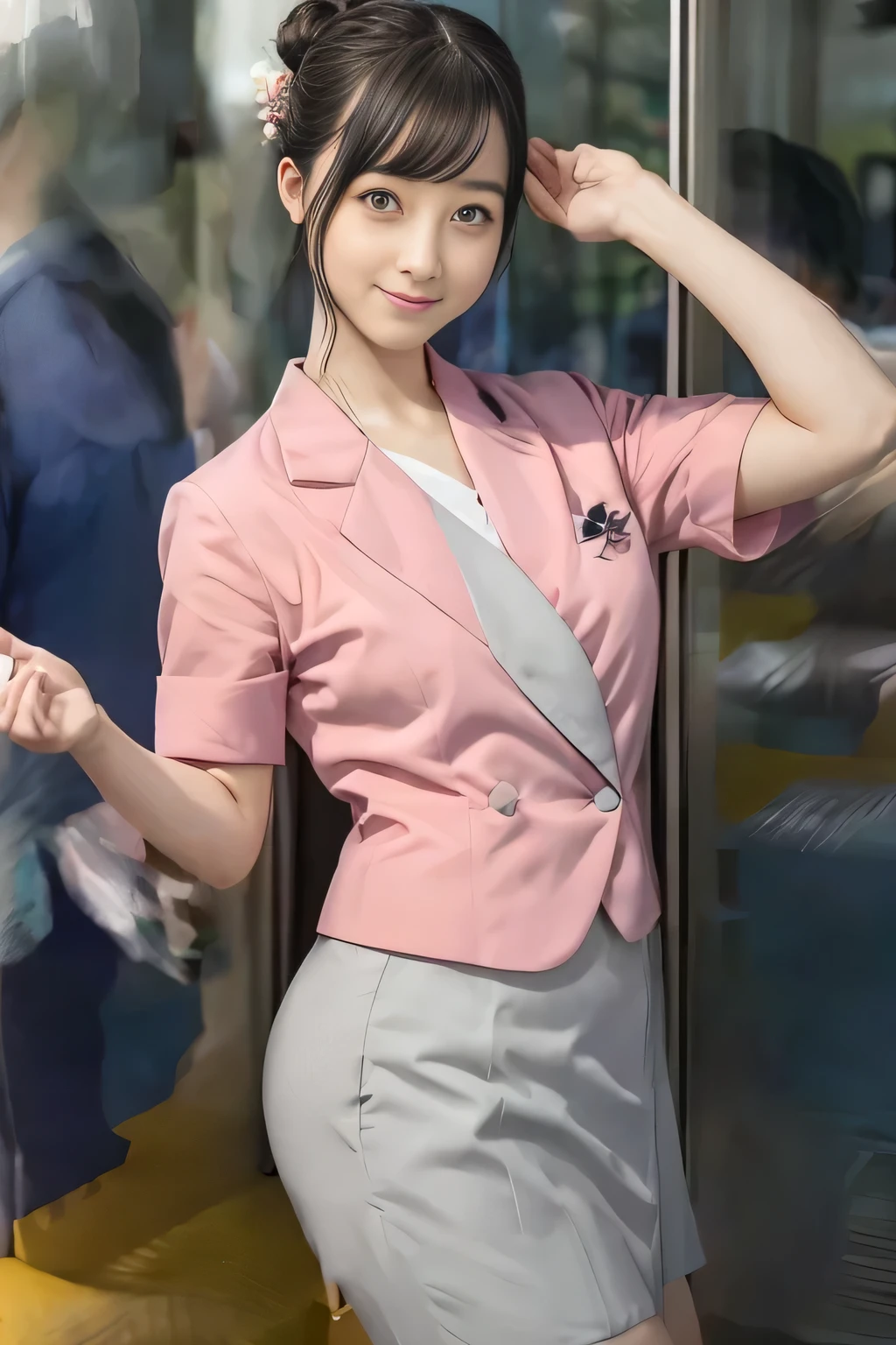 (masterpiece:1.2, Best Quality:1.2), 32K HDR, High resolution, (Alone、1 girl)、（On the roof of a building during the day、Professional Lighting）、Building rooftop background、（Nankai train crew uniform pinkを着たリアルスタイル）、（Nankai Railway crew uniform, pink, short sleeve, collarless, pink jacket、Nankai Railway crew uniform pink no-collar short-sleeve blouse、Nankai Railway crew uniform pink grey knee-length culottes）、（（The bottom of the pink short-sleeved jacket cannot be tucked into the clay-colored culottes..））、Dark brown hair、（Hair tied up、Hair Bun、Hair Bun）、Dark brown hair、Long Shot、Big Breasts、Thin legs、（（Great hands：2.0）），（（Harmonious body proportions：1.5）），（（Normal limbs：2.0）），（（Normal finger：2.0）），（（Delicate eyes：2.0）），（（Normal eyes：2.0））)、smile、（Nankai Railway crew uniform pink grey knee-length culottesを見せた美しい立ち姿）