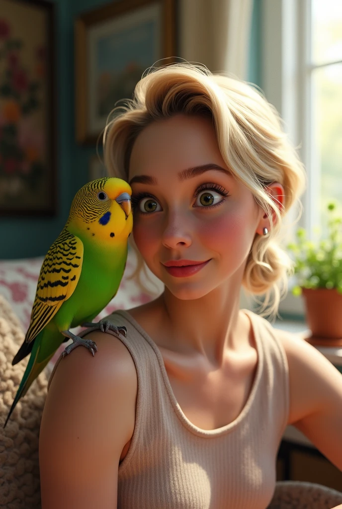 Best quality disney pixar style poster, blonde woman, green eyes with an Amazon parrot and a brown-eyed corella cockatoo on her shoulder