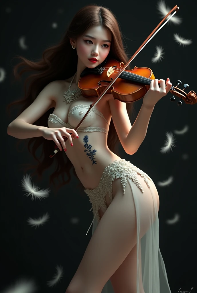 A portrait of a nude violinist in a tarot card style in a magical garden, vibrant colors, high contrast, surreal, dreamy, highly detailed, digital painting, artstation, concept art, smooth, sharp focus, illustration