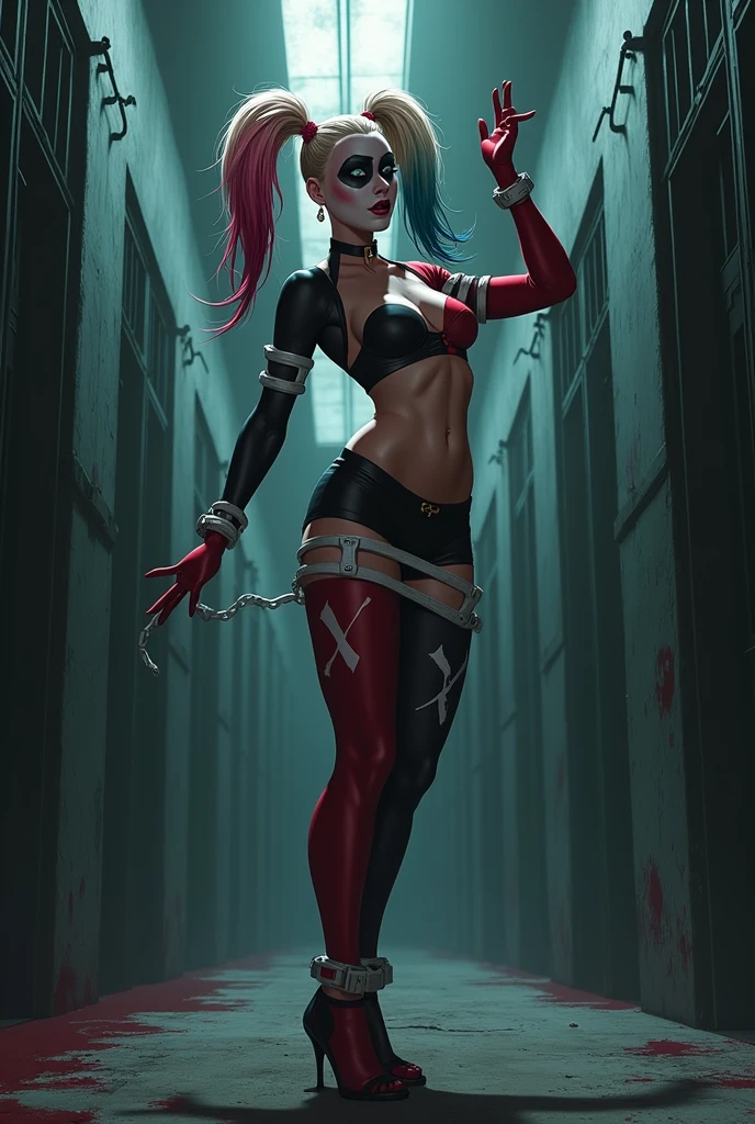 (good quality), (many details), (masterpiece),Teenager as scary, dark, evil clown with demonic smile and long, sharp teeth. red eyes, face painted red and black, hair in black and red, pigtails holding a curved blade. dark alley background, suspenders and stockings in black, transparent fabric, full body, NSFW, sexy, erotic, provocative pose,