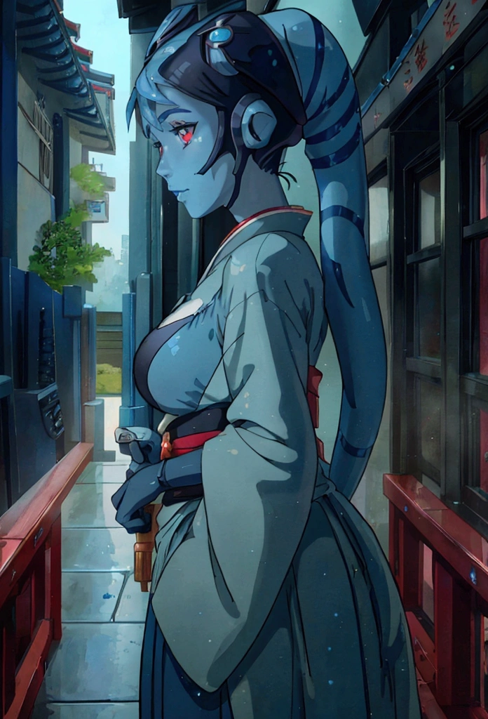 Star Wars,Aayla Secura, a female blue skin twi'lek ,wearing gorgeous Geisha outfit, color of Kimono is red, anime, holding blue lighting lightsaber, Studio Ghibli style,anime, in Japanese beautiful traditional ryokan, beautiful high detailed face, high quality, masterpiece, 8k