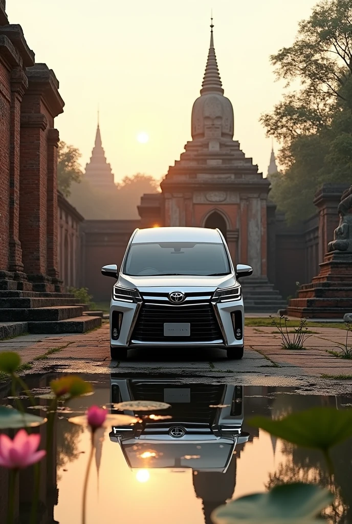 Create a Toyota van image,commuter,all new,Year 202,"From the picture"Parked in front of the ruins of Sukhothai Historical Park at sunrise, with the tranquil reflection of Wat Mahathat in a lotus pond, stone Buddha statues, crumbling pagodas and brick structures reminiscent of the grandeur of Thailand's first capital. "