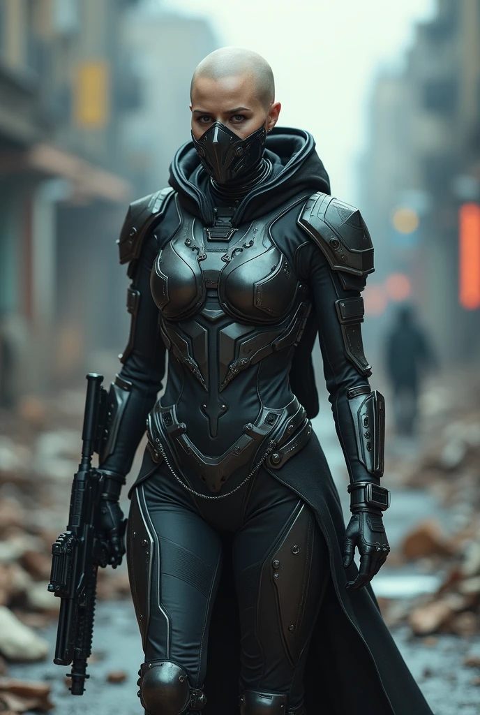 black armed female figure in sci-fi battle armor with cybernetic helmet, mask, sci-fi visor, bald head, armed figure, plate armor, insulated armor, spacesuit, lots of small details, sci-fi movie style, on a ruined city street, overcast, photography, natural textures, natural light, natural blur, photorealism, cinematic rendering, ray tracing, highest quality, highest detail, Cinematic, Third-Person View, Blur Effect, Long Exposure, 8K, Ultra-HD, Natural Lighting, Moody Lighting, Cinematic Lighting 