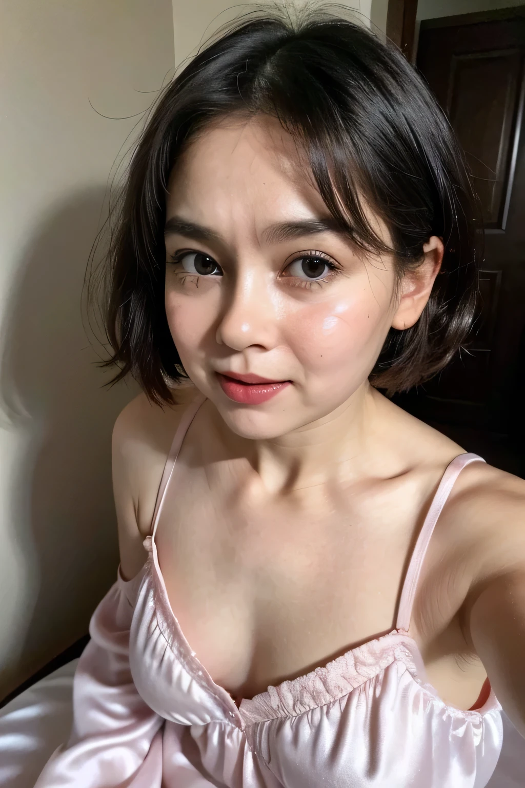 (CRYING FACE EXPRESSION:1.3), Chubby adorable, (Pink V-neck ice silk satin nightdress), 1 girl, (face to face), , baby face, happy, half body portrait, (face details: 1), (eye details: 1), ((flat breasts)). wearing soft soft, .. Cute posed. proportional body. Ultra High Res. realistic: 1.4, UHD, (leopard pattern), ((Very Short Haircut))