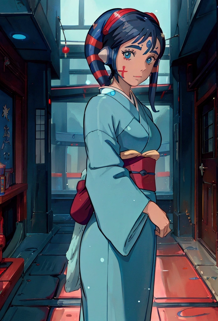 Star Wars,Aayla Secura, a female twi'lek ,wearing gorgeous Geisha outfit, color of Kimono is red, anime, holding blue lighting lightsaber, Studio Ghibli style,anime, in Japanese beautiful traditional ryokan, beautiful high detailed face, high quality, masterpiece, 8k