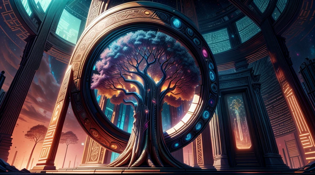 Chronos Portal, tree, galaxy, reading golden ornate book, evening, glow, sunset