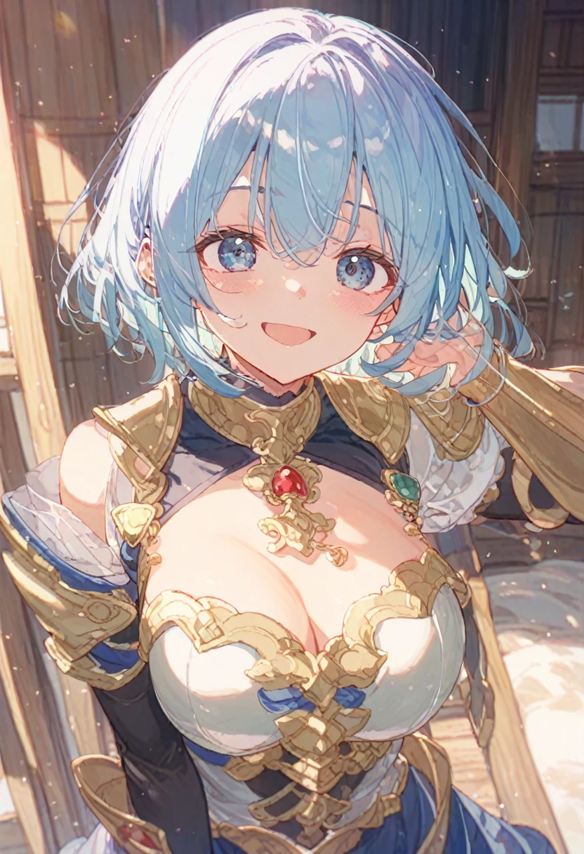 ((masterpiece、Best Quality))woman、cute、Idol、Light blue skirt、Light blue hair、Short Bob、Bright Blue Eyes、Blue Ribbon、smile、Red cheeks、knight、白銀knight団、armor、armor、Swordsman