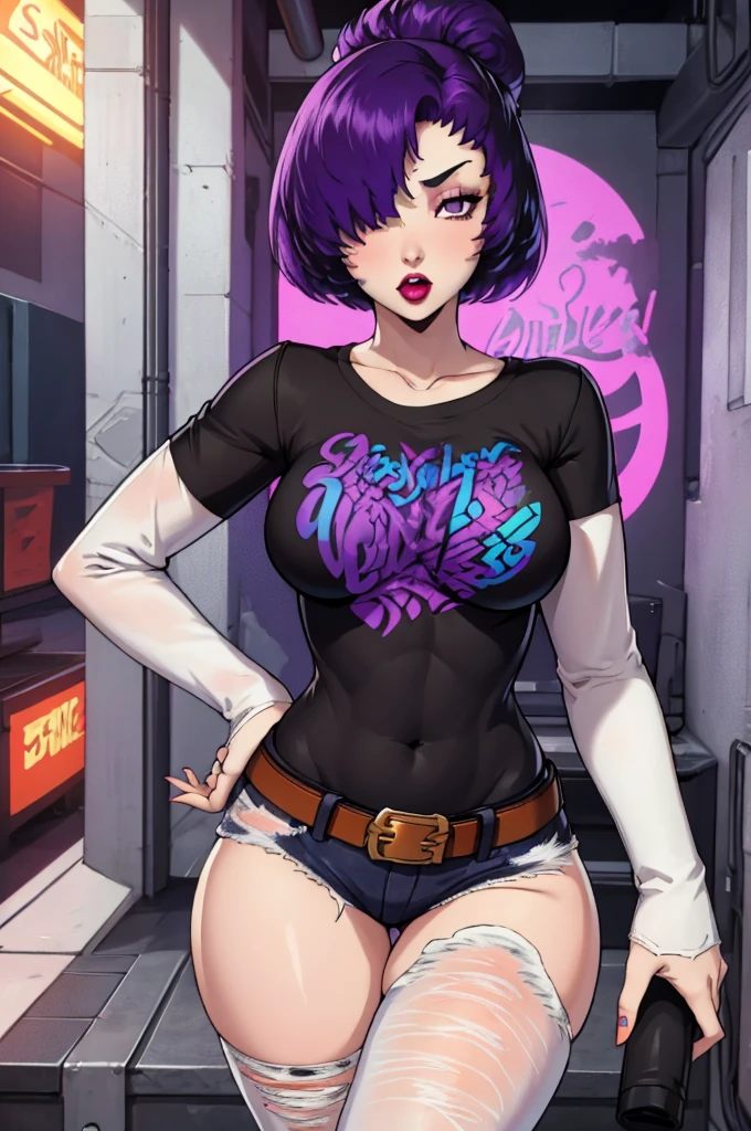 masterpiece, best quality, hair over one eye, purple hair, 1girl, solo, standing, black t-shirt, white shirt, blue jeans, belt, lipstick, sexy pose, large breasts