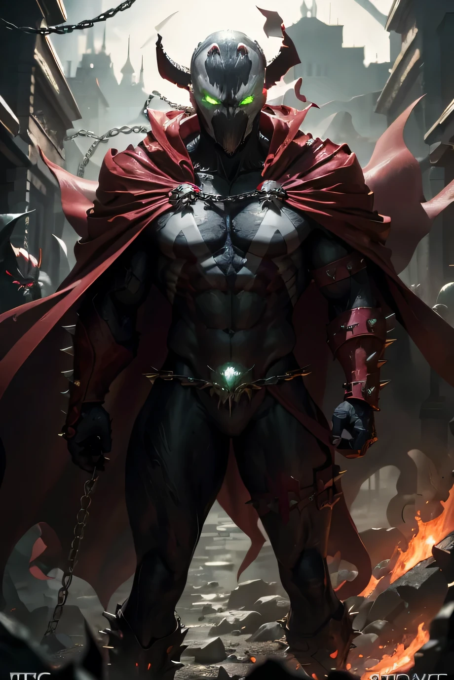 pixar style, closeup, focus on eyes, spawn2023, long red collar, red cowl, red cape, chains, skulls, glowing green eyes, textured suit, red gauntlets, spikes, dramatic lighting, 8k, muscular, uhd, best quality, award winning photo, rtx on, unreal engine 5, absurdres, long cape, large red boot, large gauntlet, flowing cape, asymmetrical red Armor, mask, night, dramatic lighting, epic red cape, wide shoulders, spike shoulders, silver chain, cgi