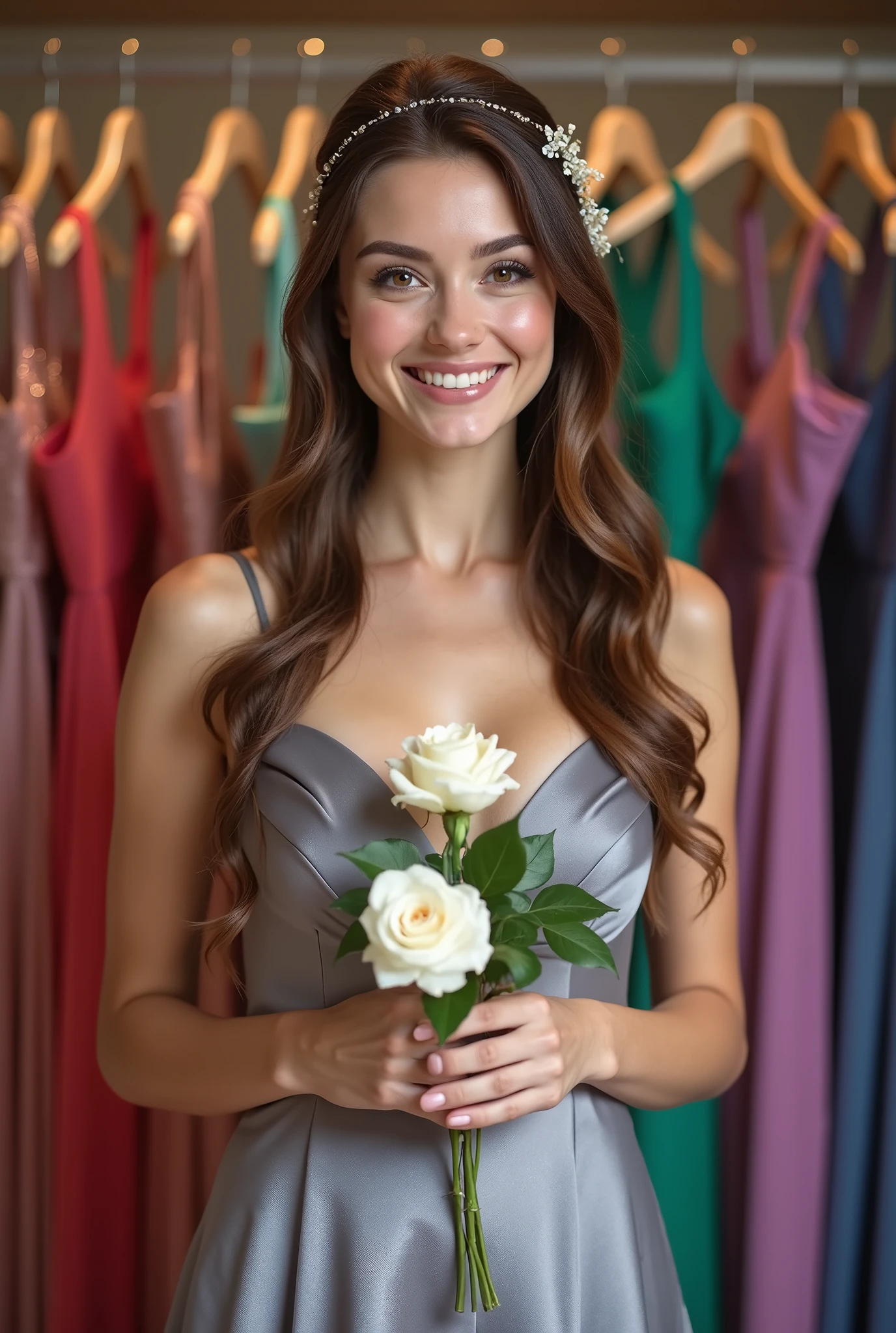 woman, 40 years old, long straight light brown hair, medium bust, wide hips, chubby , pink dress, with a bouquet of flowers in her hands, birthday celebration, pink and white balloons, looking at the camera, photorealistic