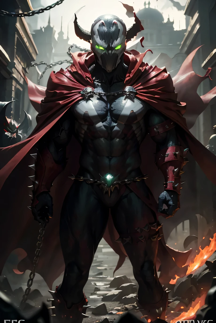 pixar style, closeup, focus on eyes, spawn2023, long red collar, red cowl, red cape, chains, skulls, glowing green eyes, textured suit, red gauntlets, spikes, dramatic lighting, 8k, muscular, uhd, best quality, award winning photo, rtx on, unreal engine 5, absurdres, long cape, large red boot, large gauntlet, flowing cape, asymmetrical red Armor, mask, night, dramatic lighting, epic red cape, wide shoulders, spike shoulders, silver chain, cgi