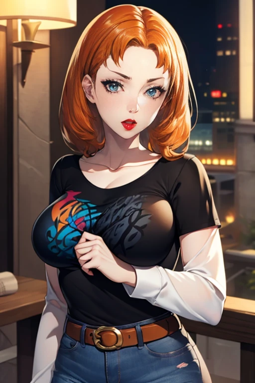 annette_war ,glossy lips, light makeup ,orange hair ,1girl, solo, black t-shirt, white shirt, jeans, belt, lipstick, large breasts,
