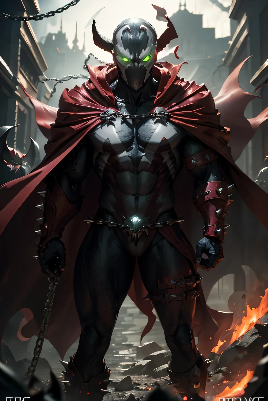 pixar style, closeup, focus on eyes, spawn2023, long red collar, red cowl, red cape, chains, skulls, glowing green eyes, textured suit, red gauntlets, spikes, dramatic lighting, 8k, muscular, uhd, best quality, award winning photo, rtx on, unreal engine 5, absurdres, long cape, large red boot, large gauntlet, flowing cape, asymmetrical red Armor, mask, night, dramatic lighting, epic red cape, wide shoulders, spike shoulders, silver chain, cgi