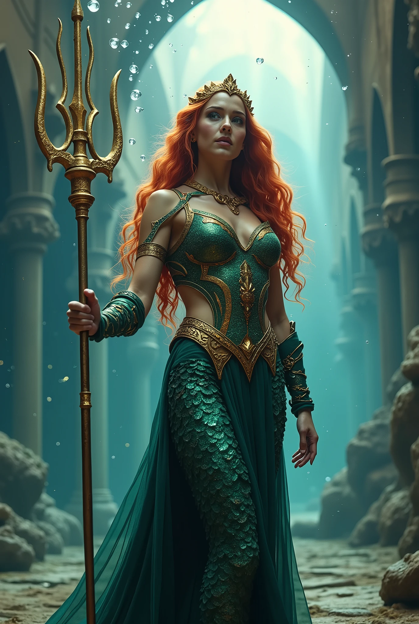 AMBER HEARD mujer hermosa, caucasian, pelo color rojo y largo, ojos claros, mojada, tiara verde, vestida con traje de armadura cuerpo completo color azul y verde con escamas, mera reyna de atlantis, sosteniendo un tridente, in defense position to attack, at the bottom of the ocean among marine fauna, ((Calidad superior, 8k, obra maestra: 1.3)), belleza, AMBER HEARD, Grande: 1.3, Abdominales delgados: 1.1, Textura facial y de piel muy detallada.