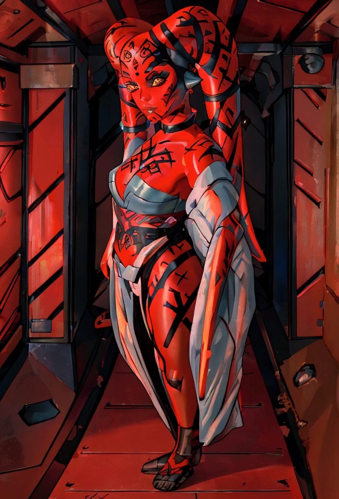 beautiful high detailed face, high quality, masterpiece, 8k, Darth Talon, a female twi'lek sith, red skin and tribe tatto, star wars, detailed beautiful face, graceful pose, anime, Studio Ghibli style, in Japanese temple, holding two red lightsaber, As a ninja , wearing Oiran outfit