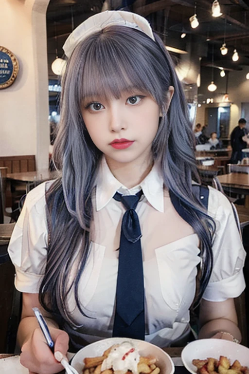 (((beautiful detailed)))(cute face:1.2)1girl, A girl stuffing her face with french fries, Girl crying while eating a pile of french fries, Inside a 2000s-style diner, 1950s-style interior, light Navy blue hair, blue eyes, A short-sleeved white shirt with four vertical bow ties, Ahoge, long bob cut with fluffy hair(sharp lines:1.2)(clear line:1.2)(eye details:1.3)(thick border:1.4) animation cel style,ligne claire, limited palette((masterpiece, high quality, best quality))(low contrast: 0.5),Anna yanami, blue hair, blue eyes, school uniform, makeine, too many losing heroines,Watercolor style, watercolor pencil, paper texture,90s style,Anna yanami, blue hair, blue eyes, school uniform, makeine, too many losing heroines, 