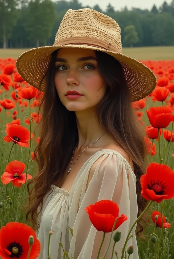 pale skin, evil slavic woman, long light brown hair, muscular, pale skin, BEAUTIFUL POSE, Unusual angle, Beautiful Elegant Pose for Photography, poppy flowers, Poppy field, Nikon D850, 4 Kodak Portra 400, F1 camera lens.6, ultra-realistic, lifelike texture, Cinestill 800