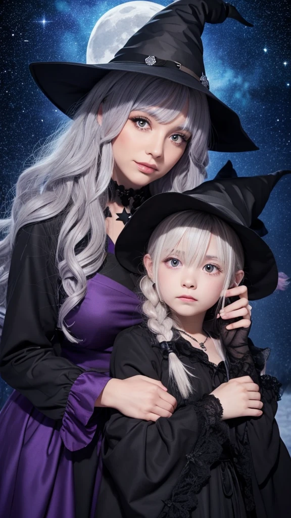 (Witch with pink curly twin tails, Pointed haunted hat and hood, About 22 years old, She makes potions in pots with alchemy, Cute ghosts around, (Lots of stuffed animals in the background!), She staring at the baby、Fancy cute adults. Alone), raw, Superb Boobs, Cute, Big eyes, very fine eyes & Face, Fine eyes, Jaizo, best, 、Blue eyes、Purple Dress、Real Face、Baby in her arms、Holding the baby