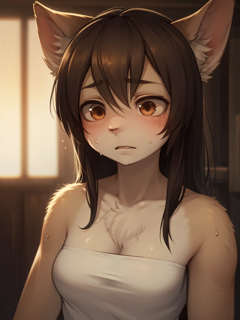 (best quality,4k,8k,highres,masterpiece:1.2),ultra-detailed,bokeh,((face focus,close up,portrait)),
furry,anime,female,anthro,solo,species,two-toned body,long hair,sweat,scowl,exhausted,blush,loose clothes,camisole,shorts,half opened eyes,open mouth,wavy mouth,tatami,summer,hot,