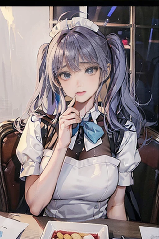 (((beautiful detailed)))(cute face:1.2)1girl, A girl stuffing her face with french fries, Girl crying while eating a pile of french fries, Inside a 2000s-style diner, 1950s-style interior, light Navy blue hair, blue eyes, A short-sleeved white shirt with four vertical bow ties, Ahoge, long bob cut with fluffy hair(sharp lines:1.2)(clear line:1.2)(eye details:1.3)(thick border:1.4) animation cel style,ligne claire, limited palette((masterpiece, high quality, best quality))(low contrast: 0.5),Anna yanami, blue hair, blue eyes, school uniform, makeine, too many losing heroines,Watercolor style, watercolor pencil, paper texture,90s style,Anna yanami, blue hair, blue eyes, school uniform, makeine, too many losing heroines, 