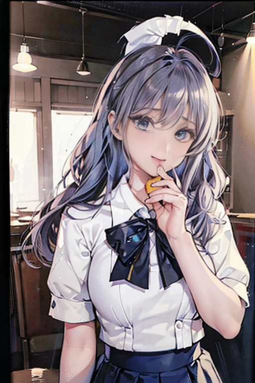 (((beautiful detailed)))(cute face:1.2)1girl, A girl stuffing her face with french fries, Girl crying while eating a pile of french fries, Inside a 2000s-style diner, 1950s-style interior, light Navy blue hair, blue eyes, A short-sleeved white shirt with four vertical bow ties, Ahoge, long bob cut with fluffy hair(sharp lines:1.2)(clear line:1.2)(eye details:1.3)(thick border:1.4) animation cel style,ligne claire, limited palette((masterpiece, high quality, best quality))(low contrast: 0.5),Anna yanami, blue hair, blue eyes, school uniform, makeine, too many losing heroines,Watercolor style, watercolor pencil, paper texture,90s style,Anna yanami, blue hair, blue eyes, school uniform, makeine, too many losing heroines, 