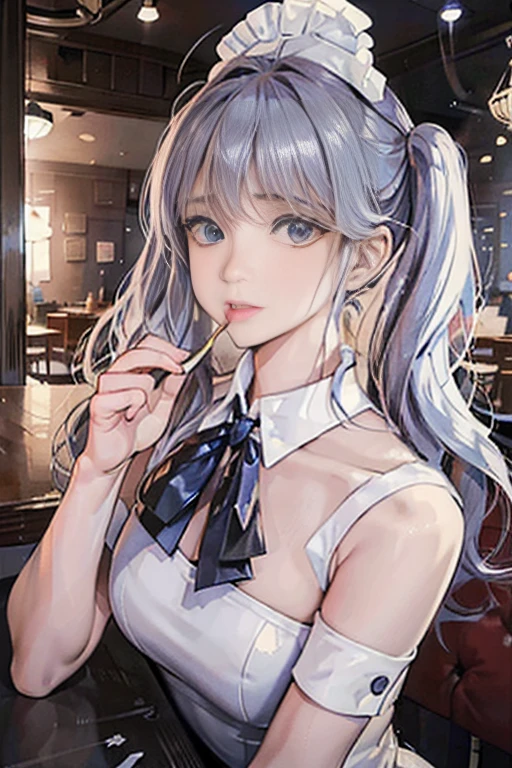 (((beautiful detailed)))(cute face:1.2)1girl, A girl stuffing her face with french fries, Girl crying while eating a pile of french fries, Inside a 2000s-style diner, 1950s-style interior, light Navy blue hair, blue eyes, A short-sleeved white shirt with four vertical bow ties, Ahoge, long bob cut with fluffy hair(sharp lines:1.2)(clear line:1.2)(eye details:1.3)(thick border:1.4) animation cel style,ligne claire, limited palette((masterpiece, high quality, best quality))(low contrast: 0.5),Anna yanami, blue hair, blue eyes, school uniform, makeine, too many losing heroines,Watercolor style, watercolor pencil, paper texture,90s style,Anna yanami, blue hair, blue eyes, school uniform, makeine, too many losing heroines, 