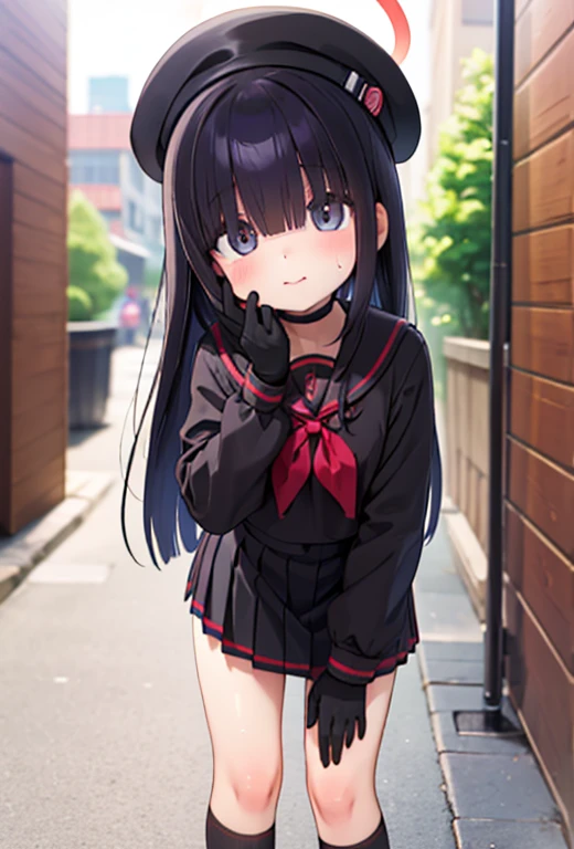 Translator,halo,Hair above the eyes,Black Hair,Long Hair,beret,Black sailor suit, black shirt,Long sleeve,Black mini skirt,Choker,Black gloves,Black socks,Black shoes,Outdoor,Cityscape,sweat,Contort your mouth,Put your hand on your cheek,Standing,((Slightly small chest)),(((Pull up your skirt))),Shaved pussy,pussy,Pussy,NSFW,naked,Naked,Turn your ass towards me