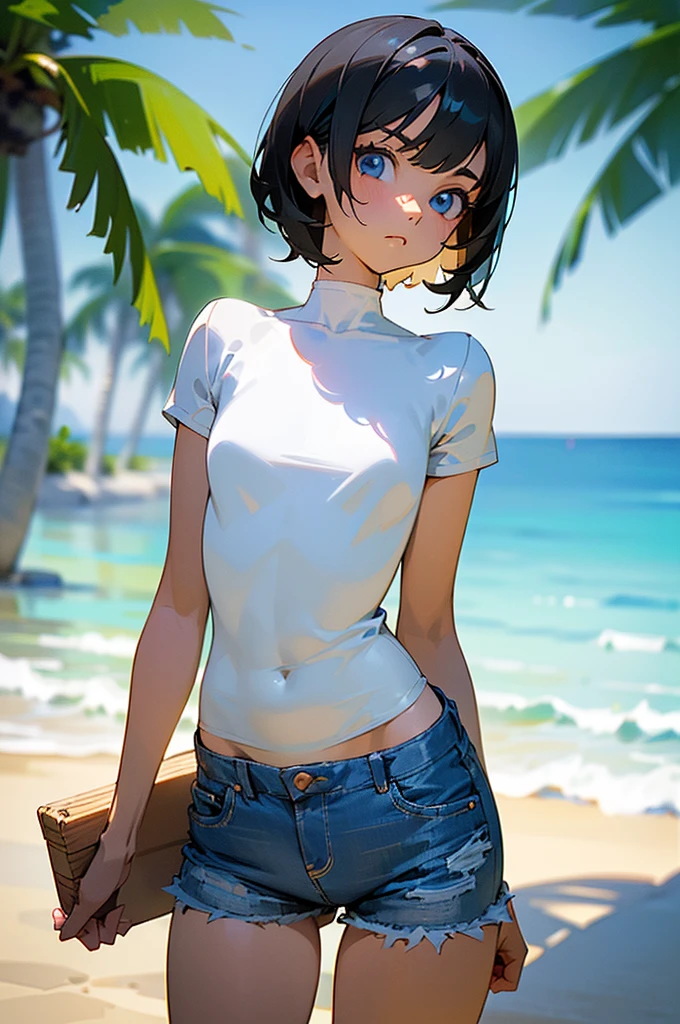 ultra-detailliert, hight resolution, (Realistic, Photorealistic: 1.4), 8K, Raw photo, (masutepiece), (Best Quality), physically-based renderingt, Female college student, Brown hair, sand beach, ((_white_Shirt))、