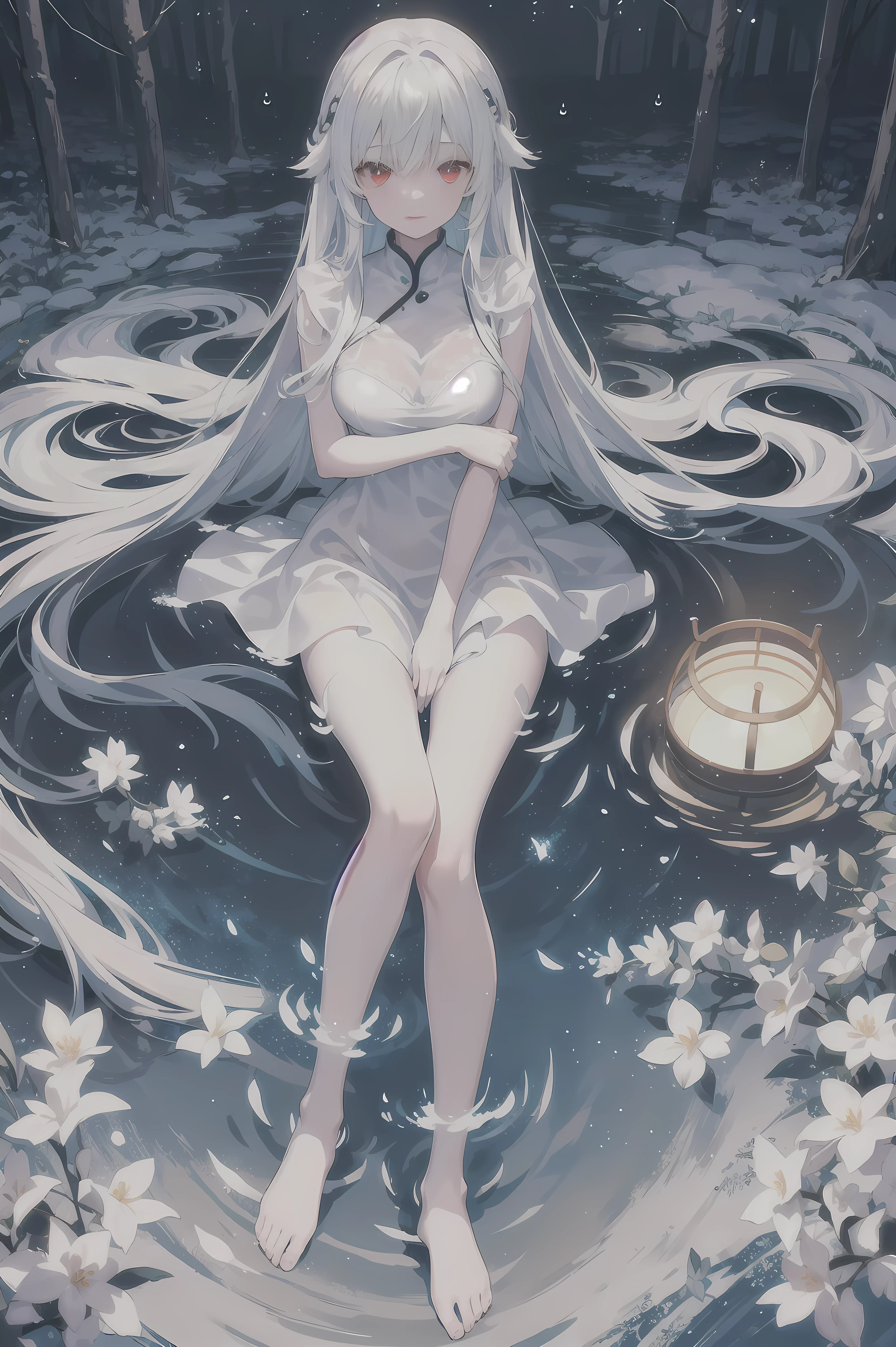 (masterpiece), painting style: (ink, rain), subject: fresh and elegant, character: girly, delicate temperament. Posture: Lying slightly on your side in the clear water, looking up at the sky, your elegant and slender fingers ripple on the water. Details: Water droplets splashed on her body, soaking loose white clothes, the corners of her clothes rippling with the water. Visual priority: mainly girls, smoke and rain and ink vistas are secondary, the picture is mainly soft, and the torrent is secondary.