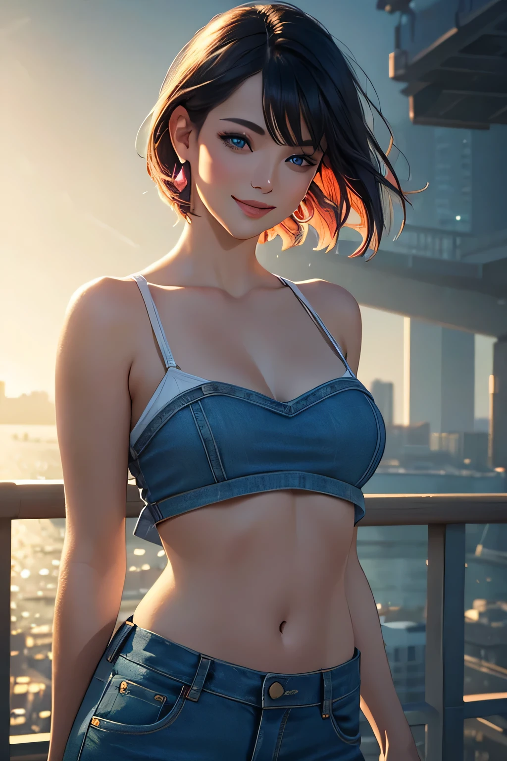 
(large breasts 1.4), extreme cleavage, deep cleavage, beautiful woman, ((Short Red Hair: 1.6, straight with shine)), bright blue eyes, bright eyes, double eyelids, light effect on eyes, detailed irises, body sexy, slim body, off-shoulder, strapless sweater, choker, tiny denim shorts, sandals, ((stylish cropped top details, micro denim shorts, edgy sexy, Beautiful and cool, shorts)), cleavage, ((work of art, hyper-realistic, hyper detailed, Best quality, 16k, light and shadow on skin, vivid colors), eyeliner, Thin eyebrows, Sensual expression, perfect lips, innocent and sexy face, ((skin with light and shadow) flirting with the viewer, lots of freckles, full lips, extreme blush, smile, Standing near balcony, sunset, late at night, rays of light, masterpiece,
