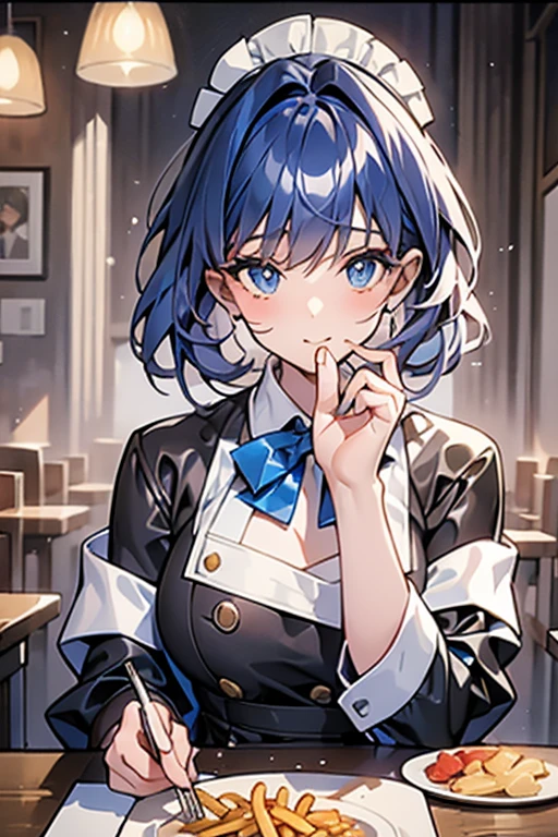 (((beautiful detailed)))(cute face:1.2)1girl, A girl stuffing her face with french fries, Girl crying while eating a pile of french fries, Inside a 2000s-style diner, 1950s-style interior, light Navy blue hair, blue eyes, A short-sleeved white shirt with four vertical bow ties, Ahoge, long bob cut with fluffy hair(sharp lines:1.2)(clear line:1.2)(eye details:1.3)(thick border:1.4) animation cel style,ligne claire, limited palette((masterpiece, high quality, best quality))(low contrast: 0.5),Anna yanami, blue hair, blue eyes, school uniform, makeine, too many losing heroines,Watercolor style, watercolor pencil, paper texture,90s style,Anna yanami, blue hair, blue eyes, school uniform, makeine, too many losing heroines, 