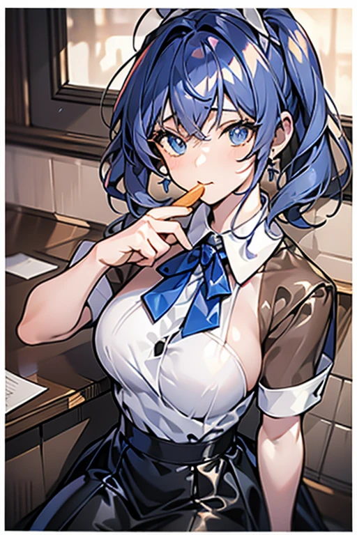 (((beautiful detailed)))(cute face:1.2)1girl, A girl stuffing her face with french fries, Girl crying while eating a pile of french fries, Inside a 2000s-style diner, 1950s-style interior, light Navy blue hair, blue eyes, A short-sleeved white shirt with four vertical bow ties, Ahoge, long bob cut with fluffy hair(sharp lines:1.2)(clear line:1.2)(eye details:1.3)(thick border:1.4) animation cel style,ligne claire, limited palette((masterpiece, high quality, best quality))(low contrast: 0.5),Anna yanami, blue hair, blue eyes, school uniform, makeine, too many losing heroines,Watercolor style, watercolor pencil, paper texture,90s style,Anna yanami, blue hair, blue eyes, school uniform, makeine, too many losing heroines, 