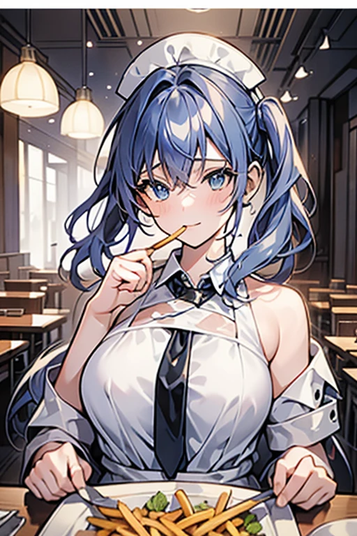 (((beautiful detailed)))(cute face:1.2)1girl, A girl stuffing her face with french fries, Girl crying while eating a pile of french fries, Inside a 2000s-style diner, 1950s-style interior, light Navy blue hair, blue eyes, A short-sleeved white shirt with four vertical bow ties, Ahoge, long bob cut with fluffy hair(sharp lines:1.2)(clear line:1.2)(eye details:1.3)(thick border:1.4) animation cel style,ligne claire, limited palette((masterpiece, high quality, best quality))(low contrast: 0.5),Anna yanami, blue hair, blue eyes, school uniform, makeine, too many losing heroines,Watercolor style, watercolor pencil, paper texture,90s style,Anna yanami, blue hair, blue eyes, school uniform, makeine, too many losing heroines, 