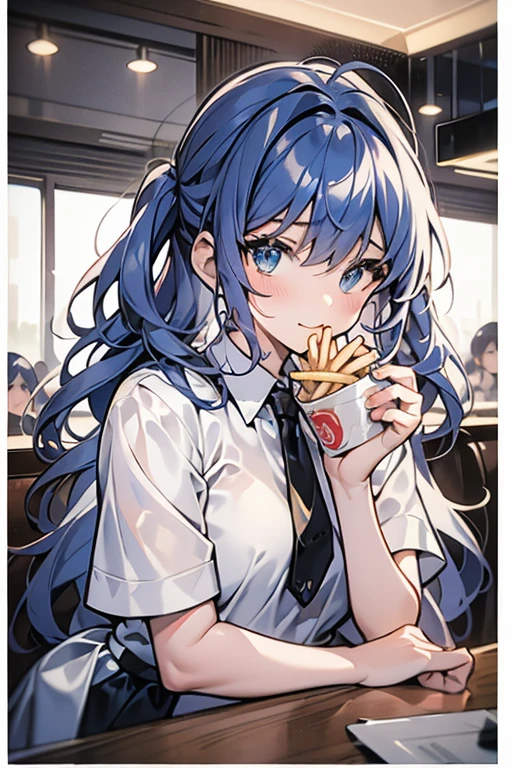 (((beautiful detailed)))(cute face:1.2)1girl, A girl stuffing her face with french fries, Girl crying while eating a pile of french fries, Inside a 2000s-style diner, 1950s-style interior, light Navy blue hair, blue eyes, A short-sleeved white shirt with four vertical bow ties, Ahoge, long bob cut with fluffy hair(sharp lines:1.2)(clear line:1.2)(eye details:1.3)(thick border:1.4) animation cel style,ligne claire, limited palette((masterpiece, high quality, best quality))(low contrast: 0.5),Anna yanami, blue hair, blue eyes, school uniform, makeine, too many losing heroines,Watercolor style, watercolor pencil, paper texture,90s style,Anna yanami, blue hair, blue eyes, school uniform, makeine, too many losing heroines, 