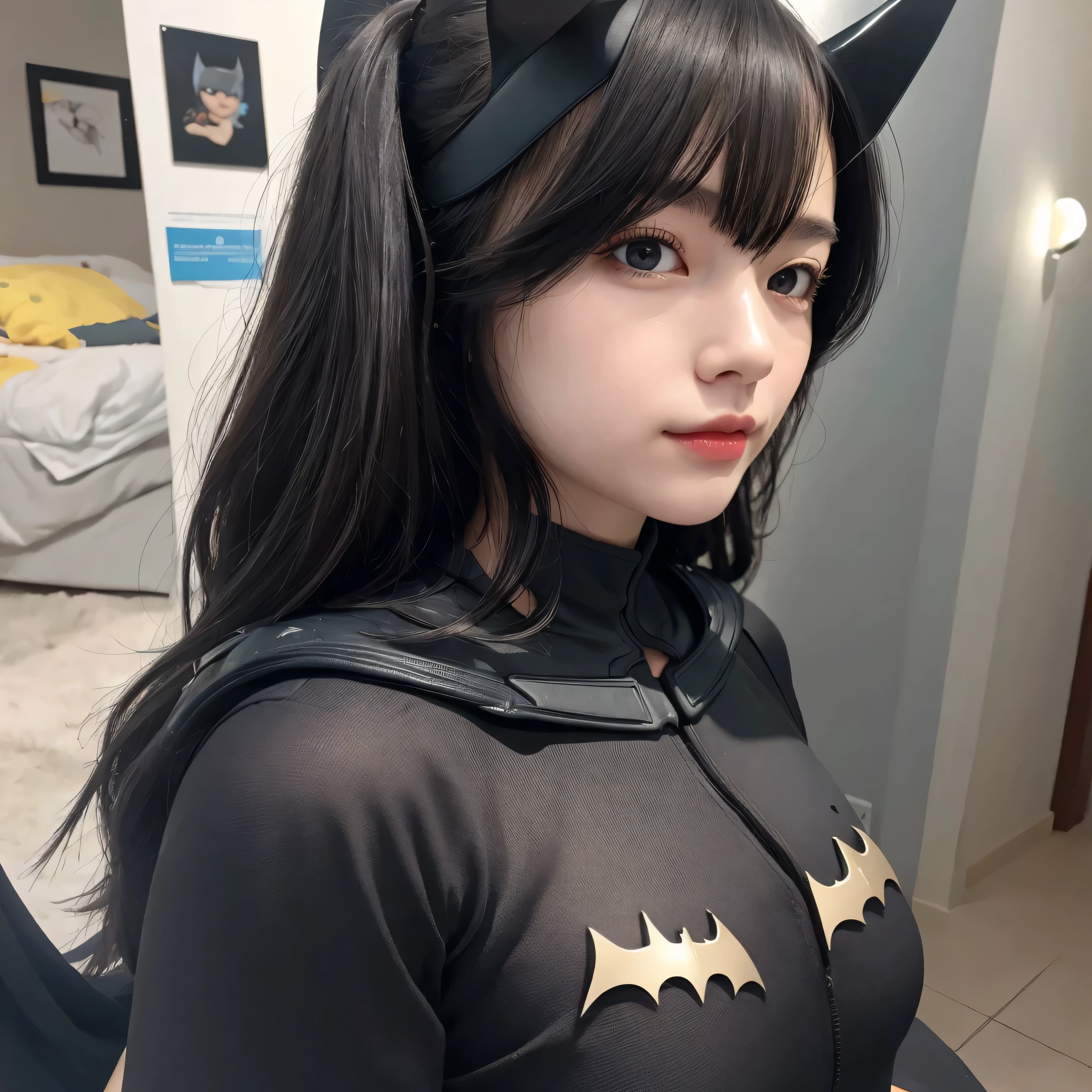 ８image quality、((best quality)), ((masterpiece)), (detailed), 1girl,batman&#39;s Suit、Sexy pose、(Big Breasts)、Accentuate your big breasts by bringing them together with your arms、Pink nipples、Cute Japanese、woman