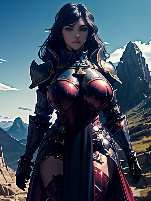 (masterpiece, top quality, best quality, official art, beautiful and aesthetic:1.2), (1girl:1.3), ((Sharp facial features,european, sharp features, hawkish features)), ((big hair, long black hair, ponytail)), big tiddy chaos warrior girl, extremely detailed, portrait, looking at viewer, solo, (full body:0.6), detailed background, full-body shot, (hot desert mountain theme:1.1), chaos warrior, (spiky helmet), charlatan, smirk, mysterious, swaying in mountains, armor, red metal, brass trim, long boots, dual axes, blood red fabric, pelvic curtain, loincloth, black leather, ((((heavy armor, blood, armored, gigantic breasts, long legs, pelvic curtain, toned, muscular)))), cute belly button, toned tummy, slim waist, slim hips, long legs, medieval (mountain exterior:1.1) background, dark mysterious lighting, shadows, magical atmosphere, dutch angle