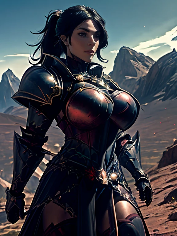 (masterpiece, top quality, best quality, official art, beautiful and aesthetic:1.2), (1girl:1.3), ((Sharp facial features,european, sharp features, hawkish features)), ((big hair, long black hair, ponytail)), big tiddy chaos warrior girl, extremely detailed, portrait, looking at viewer, solo, (full body:0.6), detailed background, full-body shot, (hot desert mountain theme:1.1), chaos warrior, (spiky helmet), charlatan, smirk, mysterious, swaying in mountains, armor, red metal, brass trim, long boots, dual axes, blood red fabric, pelvic curtain, loincloth, black leather, ((((heavy armor, blood, armored, gigantic breasts, long legs, pelvic curtain, toned, muscular)))), cute belly button, toned tummy, slim waist, slim hips, long legs, medieval (mountain exterior:1.1) background, dark mysterious lighting, shadows, magical atmosphere, dutch angle